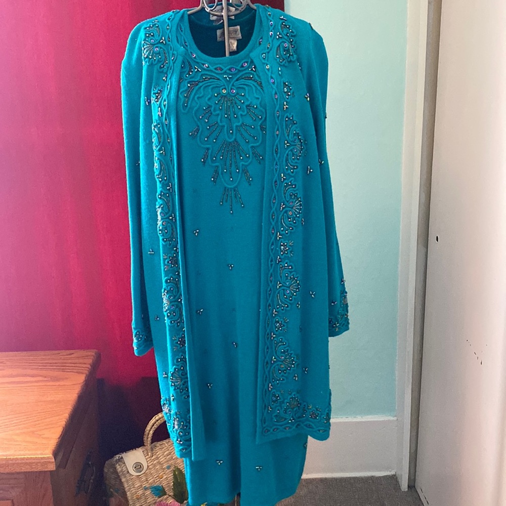 Gorgeous, teal, beaded, two-piece knit dress and jacket. Vintage